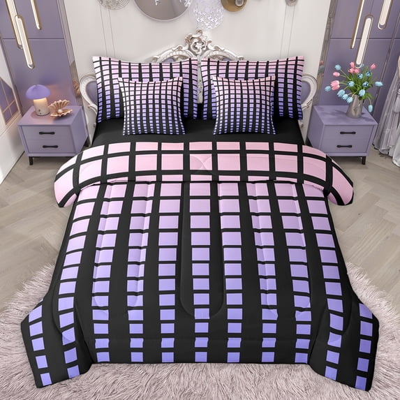 Feelyou Modern Buffalo Plaid Twin Bedding Sets 7-Piece for Adult, Chic Checkered Square Bedding Comforter Set, Neon Gradient Purple Reversible Sheet Sets, Super Cozy Room Decor
