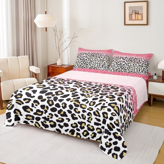 Feelyou Modern Cheetah Print Queen Sheet Sets, Fashion Glitter Flat Sheet, Simple Abstract Polkadots Queen Fitted Sheet, Luxury Bedroom Decor, 4 Pieces