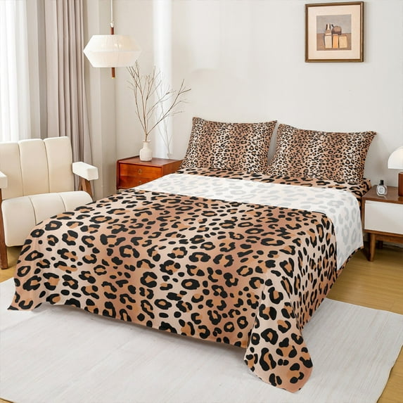 Feelyou Modern Cheetah Print Queen Sheet Sets, Rustic Farmhouse Flat Sheet, Fashion Brown Polkadots Queen Fitted Sheet, Super Cozy Room Decor, 4pcs