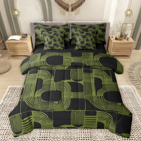 Feelyou Modern Cycle Square Bedding Comforter Set 7 Pieces for Teen, Chic Stripes Ombre Full Bedding Set, Black Green Patchwork Reversible Fitted Sheet Flat Sheet, Luxury Bedroom Decor
