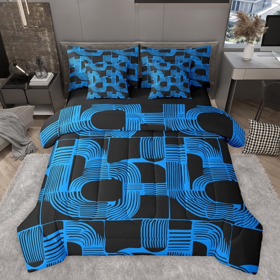 Feelyou Modern Cycle Square Bedding Comforter Set 7pcs for Teen, Chic Patchwork Stripes Queen Bedding Sets, Blue Abstract Lines Reversible Queen Sheet Sets, Super Cozy Room Decor