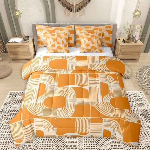 Feelyou Modern Cycle Square Twin Bedding Sets 7-Piece for Teen, Chic Patchwork Stripes Bedding Comforter Set, Orange Line Abstract Ombre Reversible Sheet Sets, Super Cozy Room Decor
