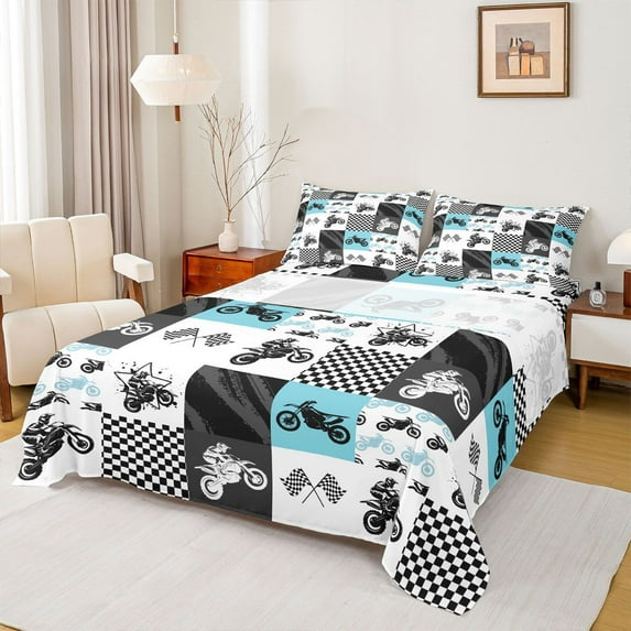Feelyou Modern Dirt Bike Bed Sheets for Boy, Extreme Motorcycle King Sheets, Sport Checkered Flag Sheet Set, Super Cozy Room Decor, 4 Pieces