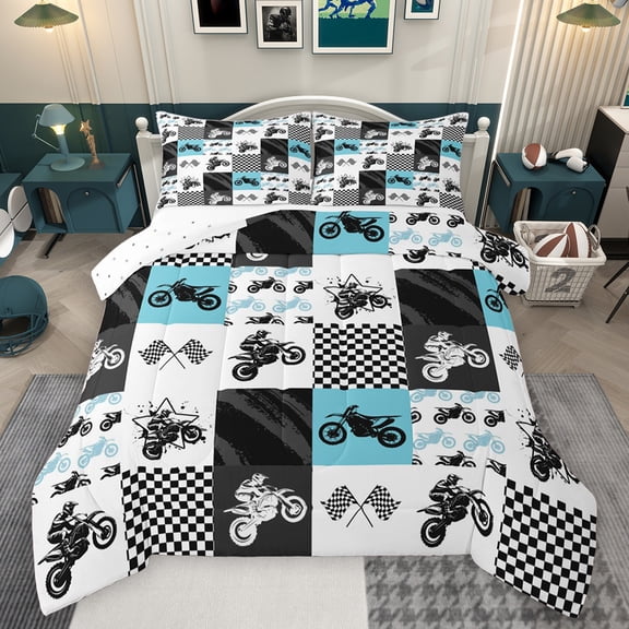 Feelyou Modern Dirt Bike Queen Comforter Set for Boy, Extreme Motorcycle Bedding Sets, Sport Checkered Flag Reversible Bedding Comforter Set, Super Cozy Room Decor, 3 Pieces
