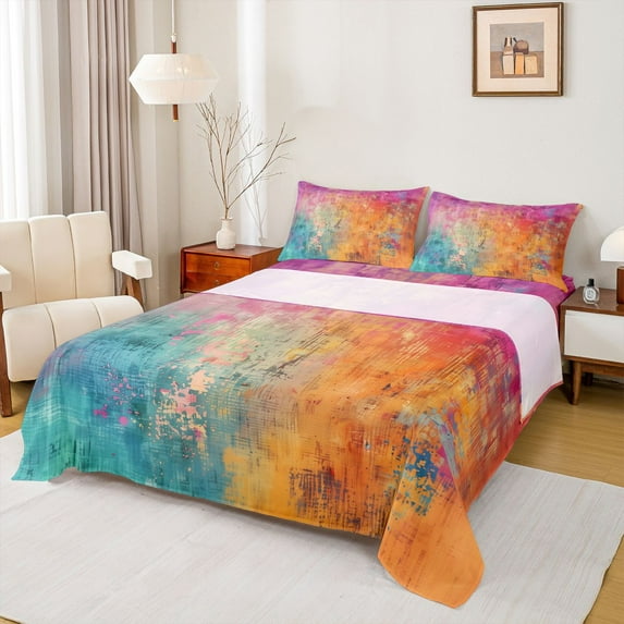 Feelyou Modern Fashion Art Bed Sheets for Adult, Orange Blue Watercolor King Sheets, Oil Printing Sheet Set, Ultra Soft Bedroom Decor, 4 Pieces