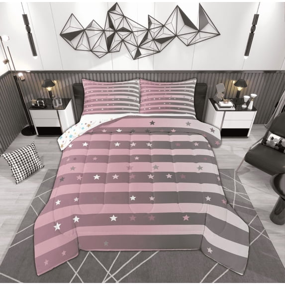 Feelyou Modern Fashion Bedding Comforter Set for Teens, Cartoon Stars Print Twin Comforter Sets, Grey Pink Geometric Reversible Bedding Set, Luxury Bedroom Decor, 2pcs