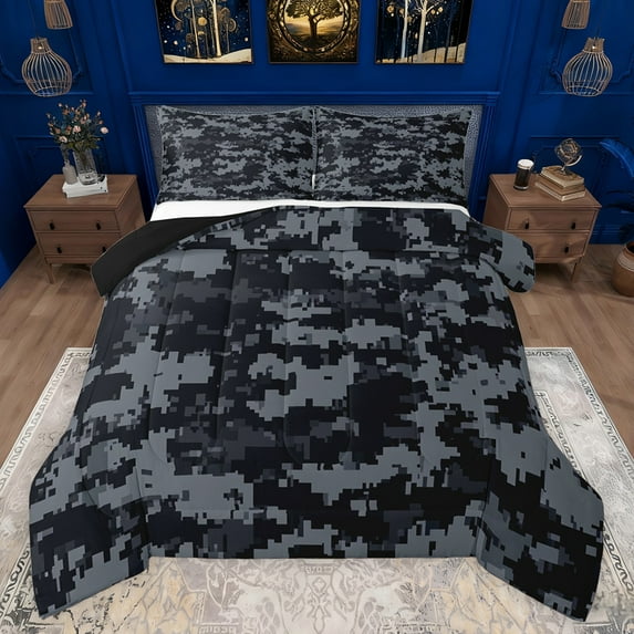 Feelyou Modern Fashion Camo Full Size Comforter Sets for Teens, Chic Camouflage Bedding Comforter Set, Grey Square Abstract Reversible Bedding Sets, Ultra Soft Bedroom Decor, 3-Piece