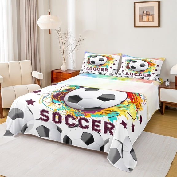Feelyou Modern Football Gaming Bed Sheets for Boy, Black White Honeycomb King Sheets, Cartoon Sport Theme Sheet Set, Super Cozy Room Decor, 4 Pieces