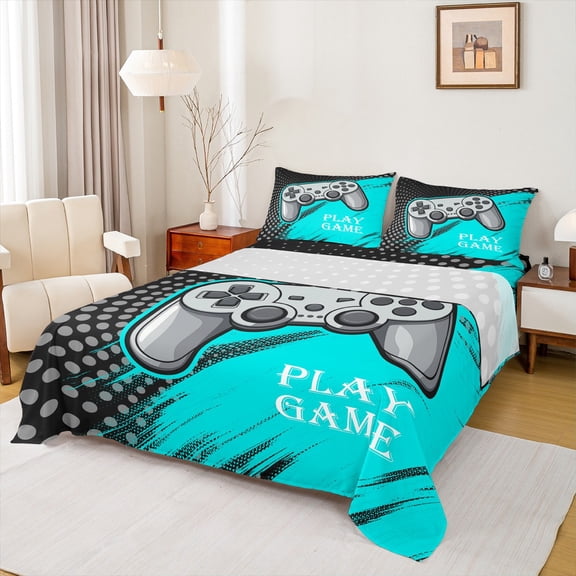 Feelyou Modern Game Console Queen Sheet Sets, Cyan Artwork Graffiti Flat Sheet, Teens Kids Boys Girls Queen Fitted Sheet, Luxury Bedroom Decor, 4pcs