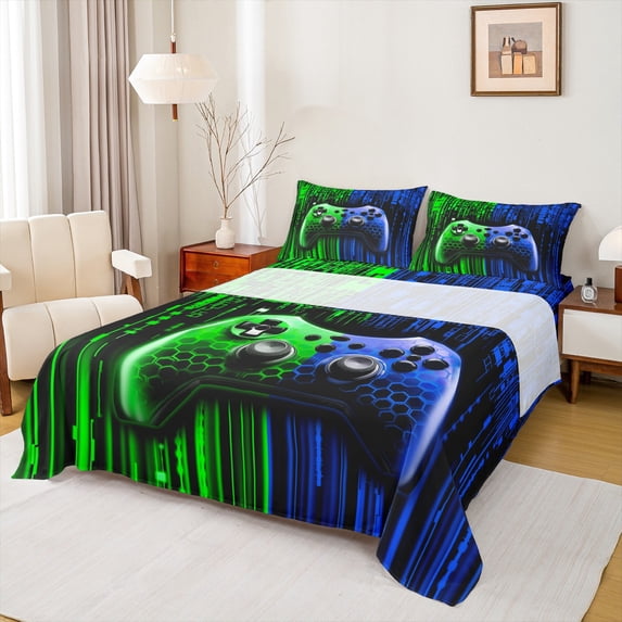 Feelyou Modern Game Console Twin Sheet Sets for Kids, Cartoon Gamepad Lover Twin Fitted Sheet, Green Blue Square Abstract Flat Sheet, Super Cozy Room Decor, 3pcs