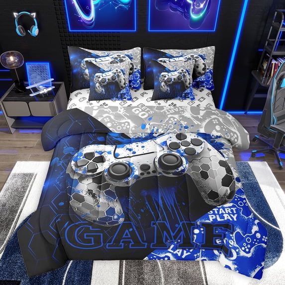 Feelyou Modern Game Gamer Twin Bedding Sets 7-Piece, Honeycomb Gamepad Blue Bedding Comforter Set, Teens Kids Boys Girls Reversible Sheet Sets, Ultra Soft Bedroom Decor