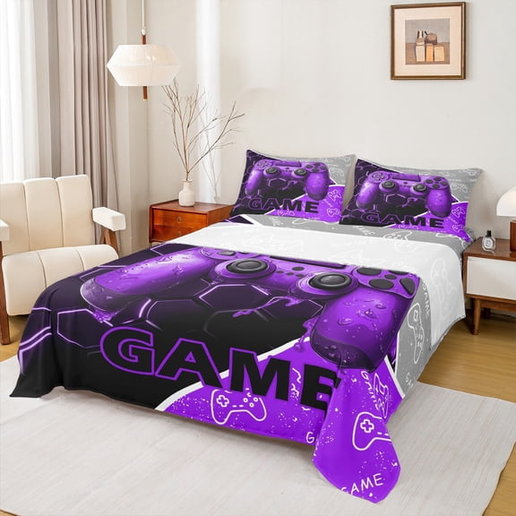 Feelyou Modern Game Gamer Twin Sheet Sets, Cartoon Gamepad Purple Twin Fitted Sheet, Teens Kids Boys Girls Flat Sheet, Ultra Soft Bedroom Decor, 3 Pieces