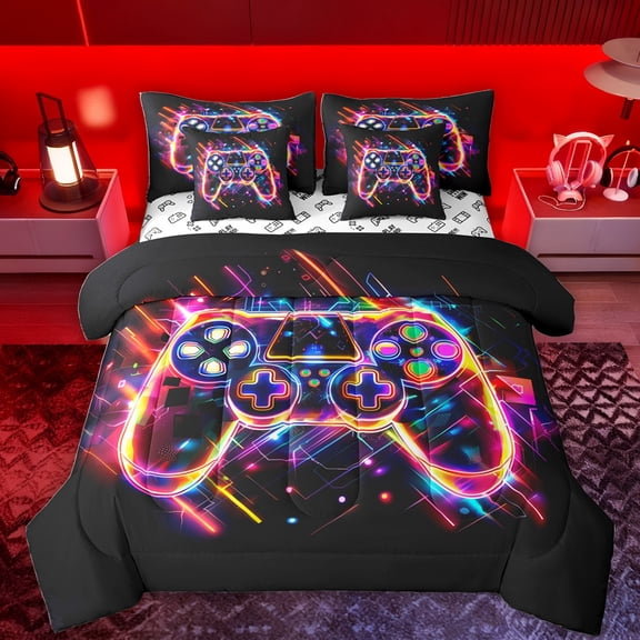 Feelyou Modern Gamepad Lover Bedding Comforter Set 7pcs for Boys, Video Game Player Queen Bedding Sets, Neon Stripes Lines Reversible Queen Sheet Sets, Luxury Bedroom Decor