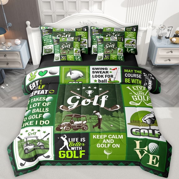 Feelyou Modern Golf Lover Bedding Comforter Set 7pcs for Kids, Est Sleep Sports King Bedding Sets, Green Patchwork Plaid Reversible Bed Sheets, Super Cozy Room Decor