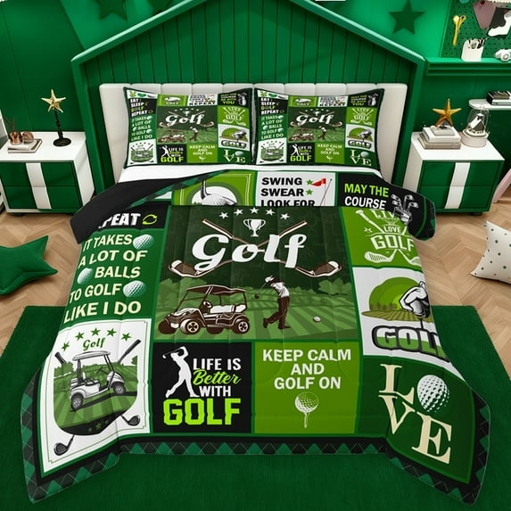 Feelyou Modern Gold Lover Full Size Comforter Sets for Kids, Est Sleep Sports Bedding Comforter Set, Green Patchwork Plaid Reversible Bedding Sets, Super Cozy Room Decor, 3pcs