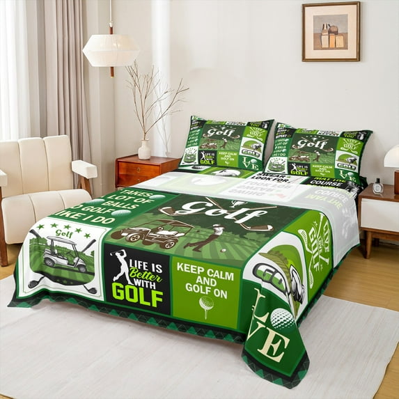 Feelyou Modern Gold Lover Twin Sheet Sets for Kids, Est Sleep Sports Twin Fitted Sheet, Green Patchwork Plaid Flat Sheet, Super Cozy Room Decor, 3pcs