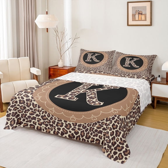 Feelyou Modern Initial K Kid Twin Sheet Sets, Cheetah Leopard Print Bedding, 3-Piece