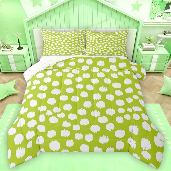 Feelyou Modern Lime Polkadots Queen Comforter Set, Chic Fashion Abstract Bedding Sets, Teens Kids Adult Women Reversible Bedding Comforter Set, Luxury Bedroom Decor, 3-Piece