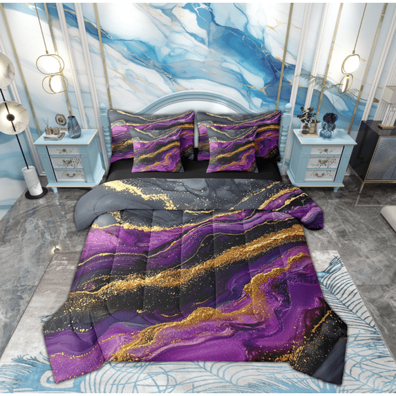 Feelyou Modern Marble Stone Bedding Comforter Set 7 Pieces for Adult, Abstract Artwork Full Bedding Set, Purple Gold Marbling Reversible Fitted Sheet Flat Sheet, Super Cozy Room Decor