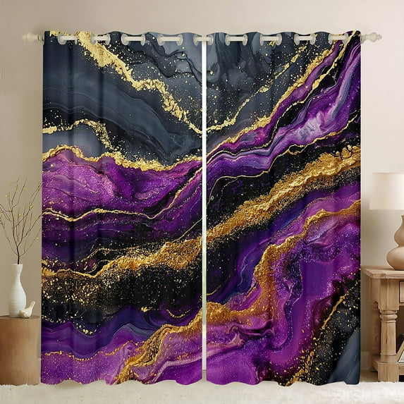 Feelyou Modern Marble Stone Blackout Curtains Set of 2 (52x84 Each) for Adult, Abstract Artwork Window Curtains, Purple Gold Marbling Curtains and Drapes, Curtains and Drapes Room Decor
