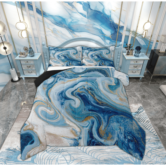 Feelyou Modern Marble Stone Full Size Comforter Sets for Adult, Abstract Artwork Bedding Comforter Set, Blue Gold Marbling Reversible Bedding Sets, Lightweight Room Decor, 3 Pieces