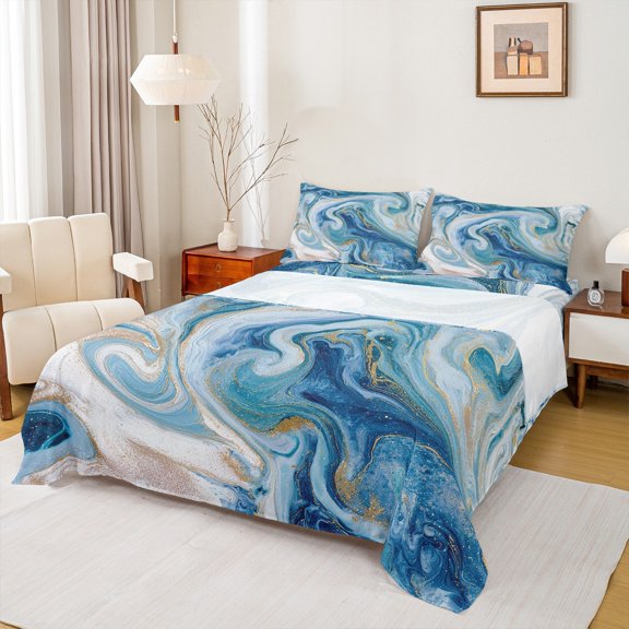 Feelyou Modern Marble Stone Twin Sheet Sets for Adult, Abstract Artwork Twin Fitted Sheet, Blue Gold Marbling Flat Sheet, Lightweight Room Decor, 3 Pieces