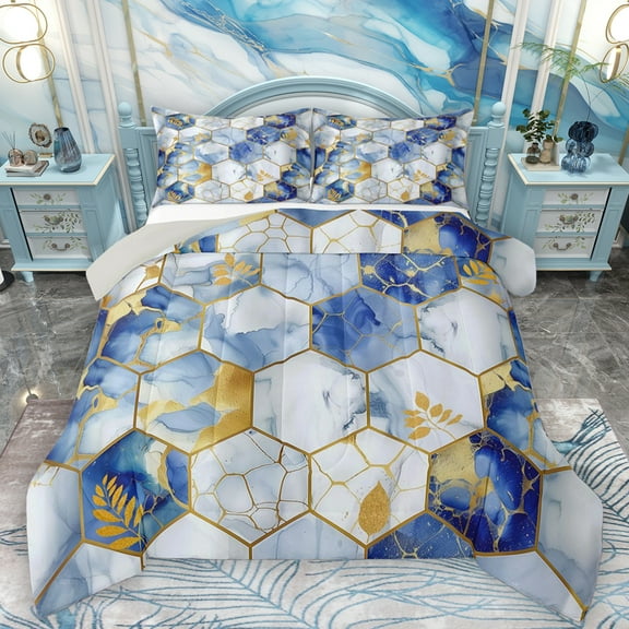 Feelyou Modern Marbling Abstract Bedding Comforter Set, White Blue Honeycomb Twin Comforter Sets, Fashion Artwork Reversible Bedding Set, Super Cozy Room Decor, 2 Pieces