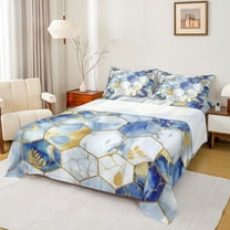 Feelyou Modern Marbling Abstract Twin Sheet Sets, White Blue Honeycomb Twin Fitted Sheet, Fashion Artwork Flat Sheet, Super Cozy Room Decor, 3 Pieces