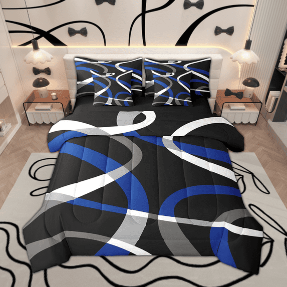 Feelyou Modern Minimalist Twin Bedding Sets 7pcs, Black Blue Gray White Bedding Comforter Set, Geometric Lines Sheet Sets