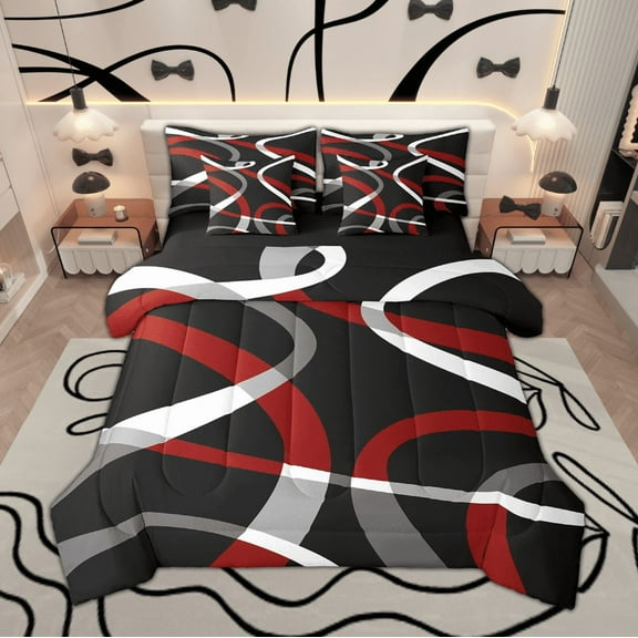 Feelyou Modern Minimalist Twin Bedding Sets 7pcs, Black Red Gray White Bedding Comforter Set, Geometric Lines Sheet Sets