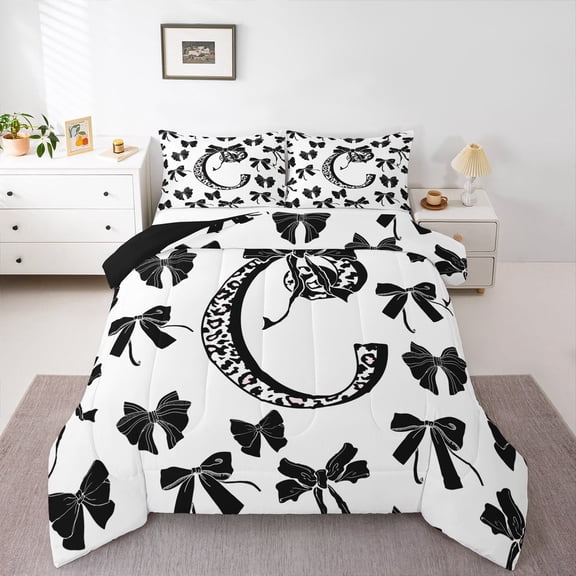 Feelyou Modern Monogrammed C Bedding Comforter Set, Kawaii Princess Black Bow Twin Comforter Sets, Fashion Initial Letter Reversible Bedding Set, Lightweight Room Decor, 2 Pieces