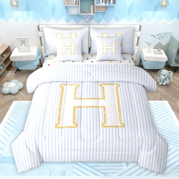 Feelyou Modern Monogrammed H Twin Bedding Sets 7-Piece for Kids, Princess Cute Letter Bedding Comforter Set, Fashion Stripes Lines Reversible Sheet Sets, Microfiber Bedroom Decor