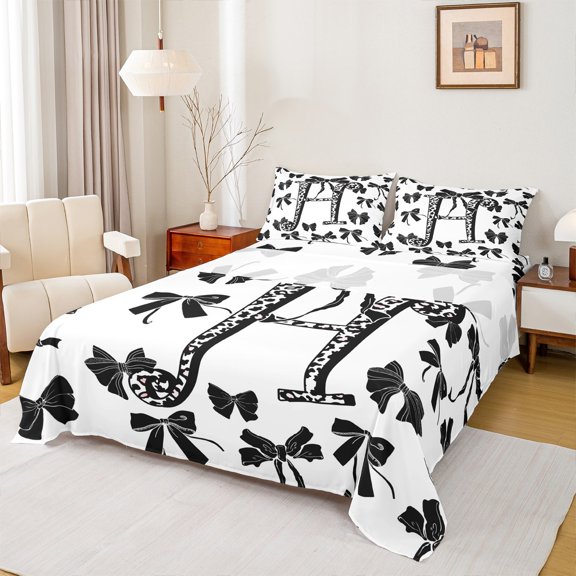 Feelyou Modern Monogrammed H Twin Sheet Sets, Kawaii Princess Black Bow Twin Fitted Sheet, Fashion Initial Letter Flat Sheet, Super Cozy Room Decor, 3 Pieces