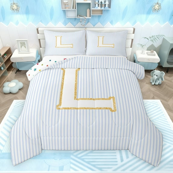 Feelyou Modern Monogrammed L Bedding Comforter Set for Kids, Princess Cute Letter Twin Comforter Sets, Fashion Stripes Lines Reversible Bedding Set, Lightweight Room Decor, 2-Piece