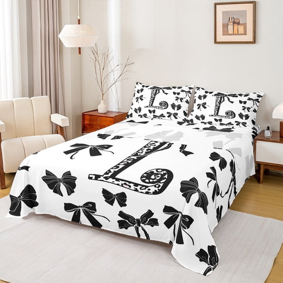 Feelyou Modern Monogrammed L Twin Sheet Sets, Kawaii Princess Black Bow Twin Fitted Sheet, Fashion Initial Letter Flat Sheet, Breathable Home Decor, 3 Pieces