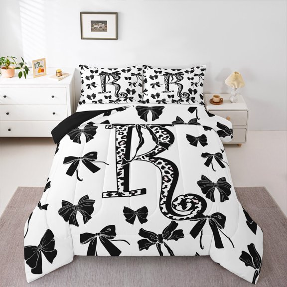 Feelyou Modern Monogrammed R Full Size Comforter Sets, Kawaii Princess Black Bow Bedding Comforter Set, Fashion Initial Letter Reversible Bedding Sets, Breathable Home Decor, 3 Pieces