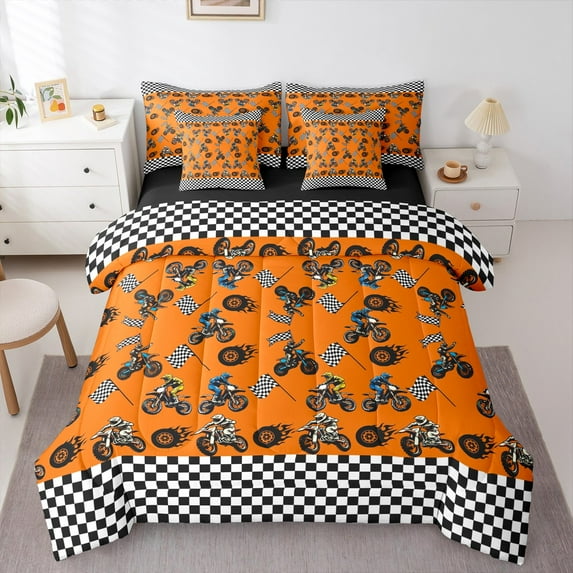 Feelyou Modern Motorcycle Print Bedding Comforter Set 7-Piece for Kid, Est Sleep Sports King Bedding Sets, Checkered Buffalo Reversible Bed Sheets, Super Cozy Room Decor