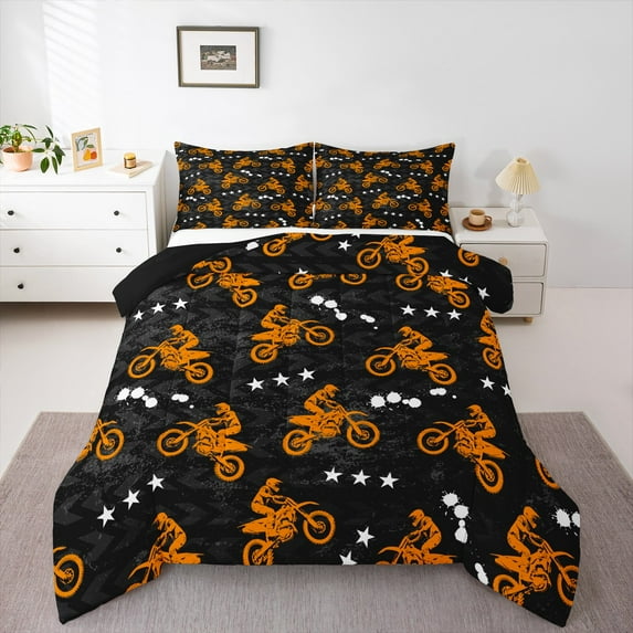 Feelyou Modern Motorcycle Print Bedding Comforter Set for Kid, Est Sleep Sports Twin Comforter Sets, Cartoon Stars Print Reversible Bedding Set, Microfiber Bedroom Decor, 2pcs