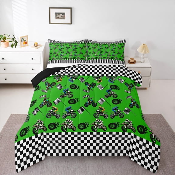 Feelyou Modern Motorcycle Print Bedding Comforter Set for Kid, Est Sleep Sports Twin Comforter Sets, Checkered Buffalo Reversible Bedding Set, Lightweight Room Decor, 2 Pieces