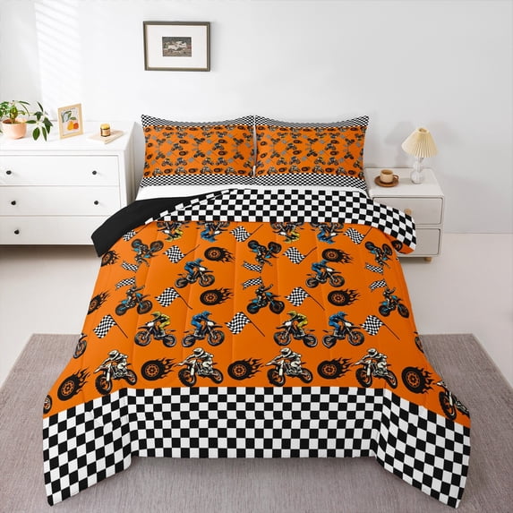Feelyou Modern Motorcycle Print Bedding Comforter Set for Kid, Est Sleep Sports Twin Comforter Sets, Checkered Buffalo Reversible Bedding Set, Super Cozy Room Decor, 2 Pieces