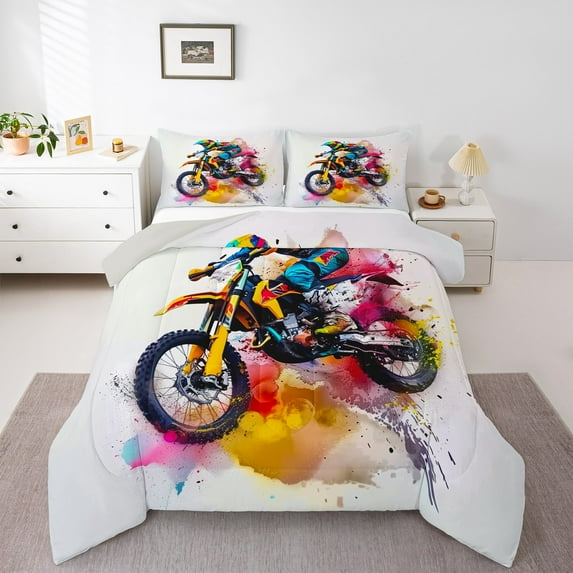 Feelyou Modern Motorcycle Print Bedding Comforter Set, Watercolor Artwork Twin Comforter Sets, Dirt Bike Lover Reversible Bedding Set, Microfiber Bedroom Decor, 2pcs