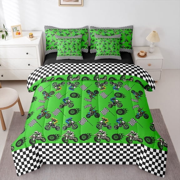 Feelyou Modern Motorcycle Print Twin Bedding Sets 7-Piece for Kid, Est Sleep Sports Bedding Comforter Set, Checkered Buffalo Reversible Sheet Sets, Lightweight Room Decor