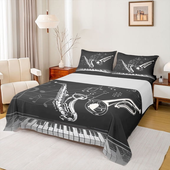 Feelyou Modern Musical Note Bed Sheets, Pop Music Lover King Sheets, Saxophone Piano Print Sheet Set, Super Cozy Room Decor, 4 Pieces