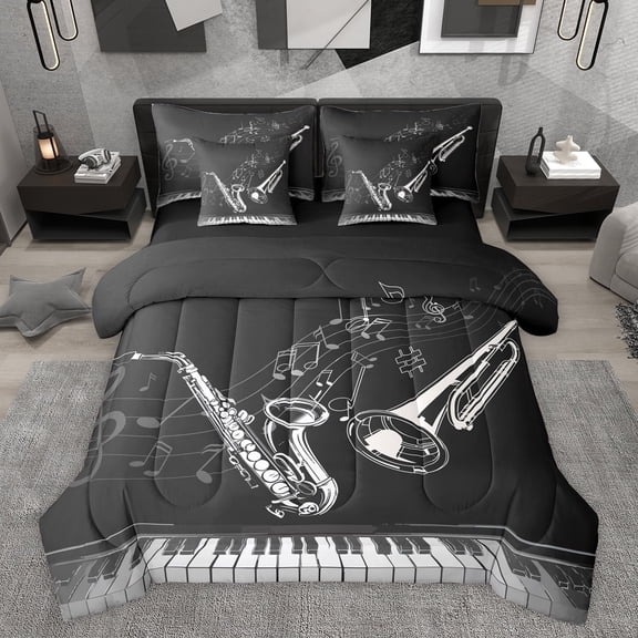 Feelyou Modern Musical Note Bedding Comforter Set 7pcs, Pop Music Lover Queen Bedding Sets, Saxophone Piano Print Reversible Queen Sheet Sets, Super Cozy Room Decor