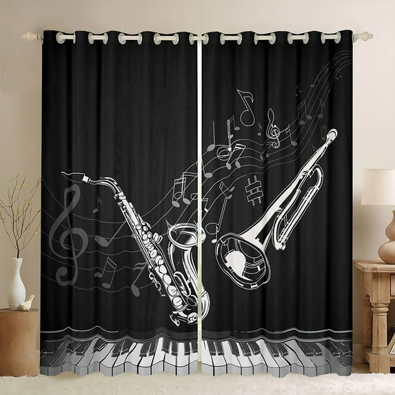 Feelyou Modern Musical Note Black Out Curtains, Pop Music Lover Curtains Pack of 2 (42x63 Each), Saxophone Piano Print Bedroom Curtains, Blackout Curtains Room Decor
