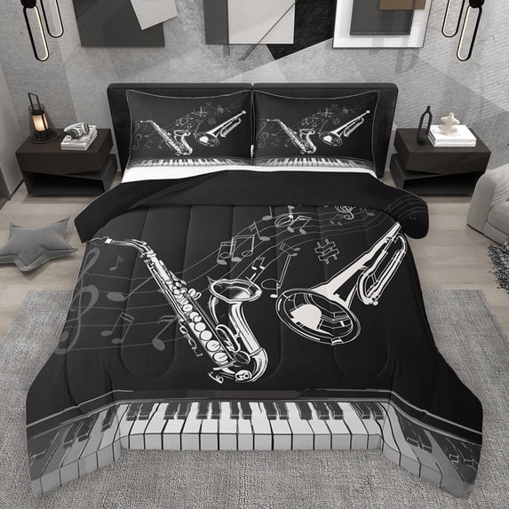 Feelyou Modern Musical Note Full Size Comforter Sets, Pop Music Lover Bedding Comforter Set, Saxophone Piano Print Reversible Bedding Sets, Super Cozy Room Decor, 3 Pieces