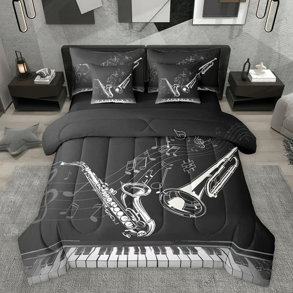 Feelyou Modern Musical Note Twin Bedding Sets 7-Piece, Pop Music Lover Bedding Comforter Set, Saxophone Piano Print Reversible Sheet Sets, Super Cozy Room Decor