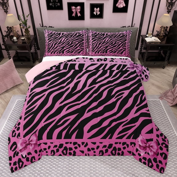 Feelyou Modern Pink Lines Bedding Comforter Set for Kids, Fashion Leopard Zebra Print Twin Comforter Sets, Watercolor Bow Ribbon Reversible Bedding Set, Lightweight Room Decor, 2-Piece