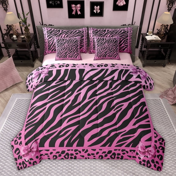 Feelyou Modern Pink Lines Twin Bedding Sets 7-Piece for Kids, Fashion Leopard Zebra Print Bedding Comforter Set, Watercolor Bow Ribbon Reversible Sheet Sets, Lightweight Room Decor