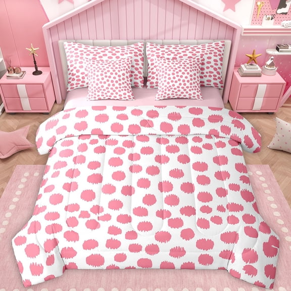 Feelyou Modern Pink Polkadots Bedding Comforter Set 7 Pieces, Chic Fashion Abstract Full Bedding Set, Teens Kids Adult Women Reversible Fitted Sheet Flat Sheet, Breathable Home Decor